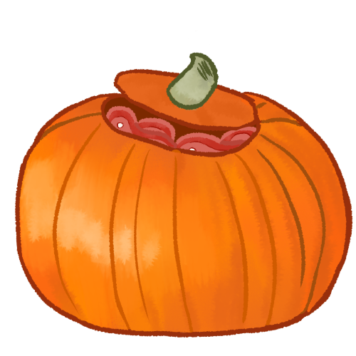 A drawing of a hollowed-out pumpkin with the lid askew, revealing that it is full of meat. 